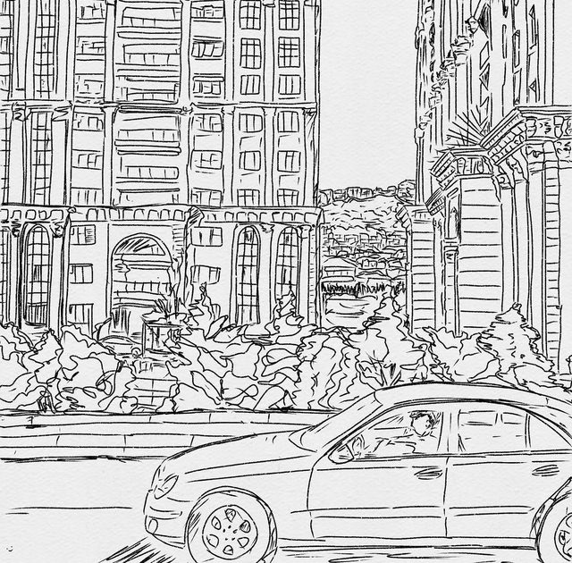 A line drawing of a city street with a car and tall buildings