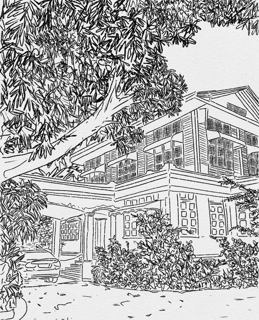 A line drawing of a house behind trees