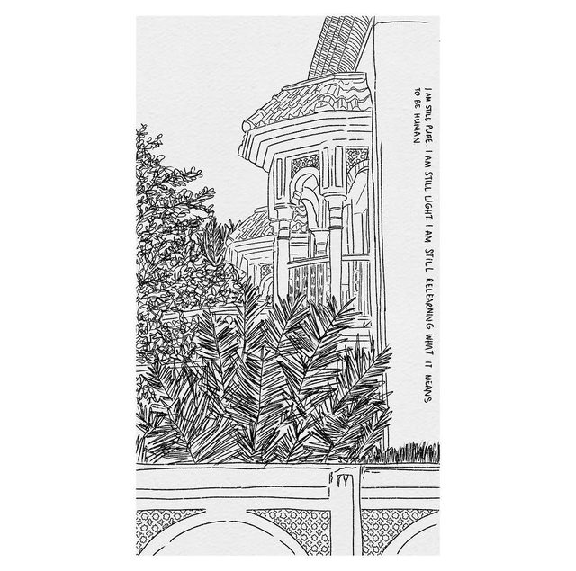 A line drawing of an arched structure with palms and handwritten text