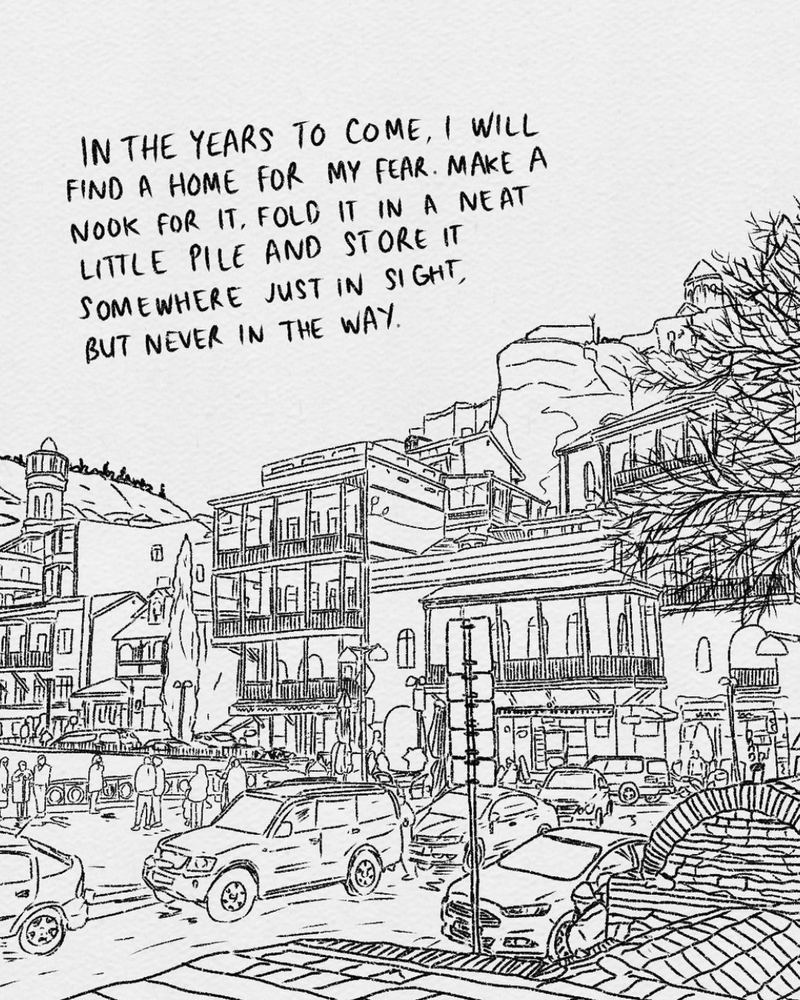 Line drawing of a hillside town with handwritten text