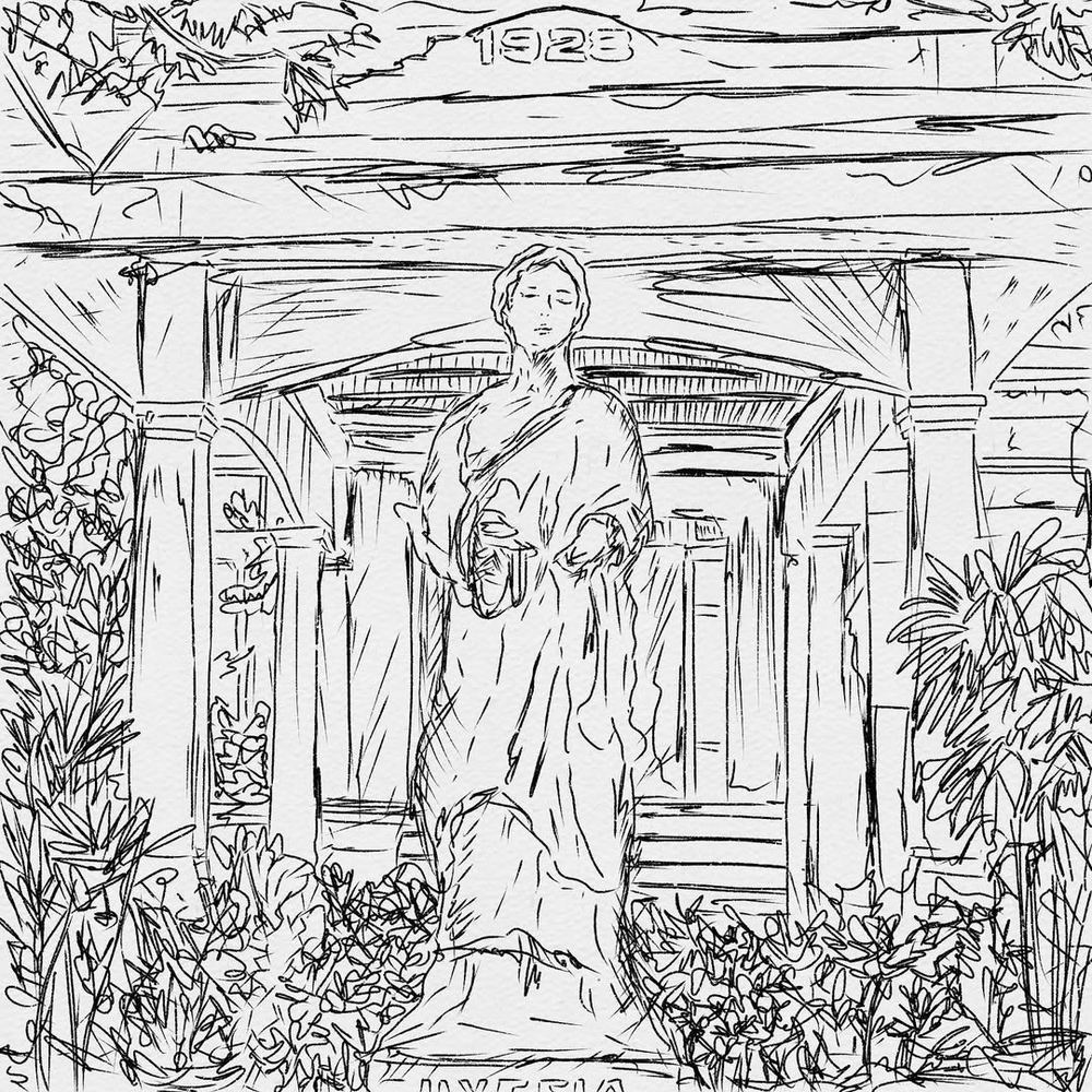 A line illustration of an ancestral house