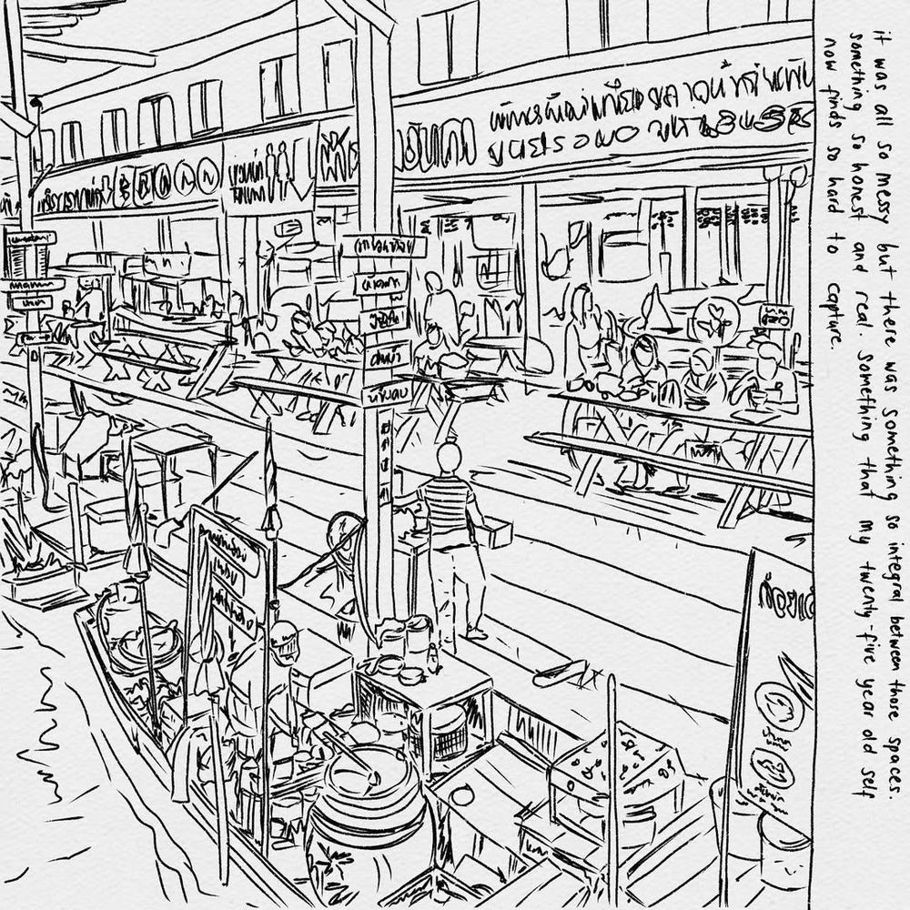 A line drawing sketch of Bangkok