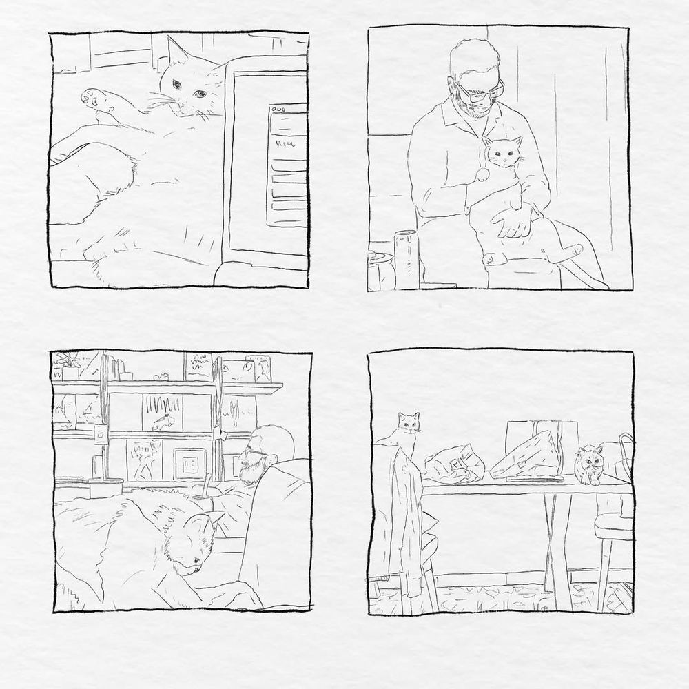 A four-panel line drawing titled life lately