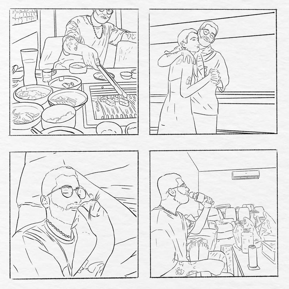 A four-panel line drawing titled perfect days