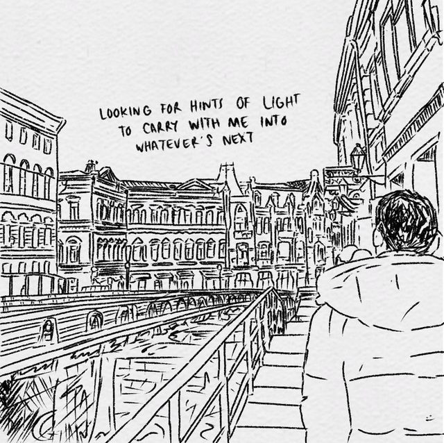 A line drawing of a city bridge with handwritten text