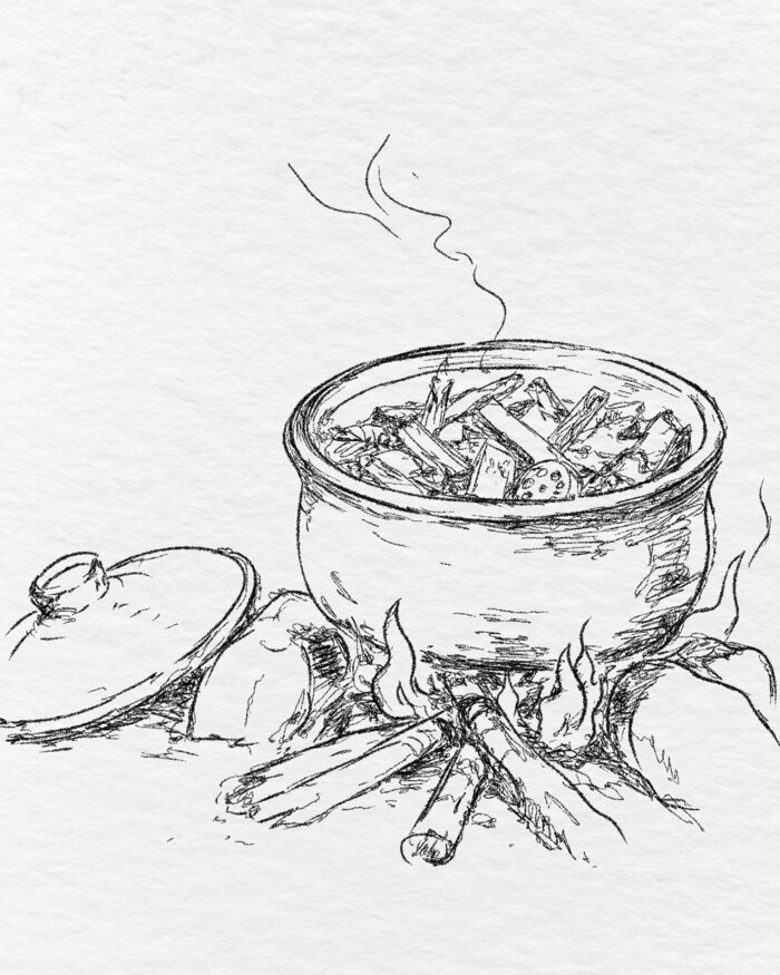 An ink drawing of a clay pot of vegetables over a wood fire